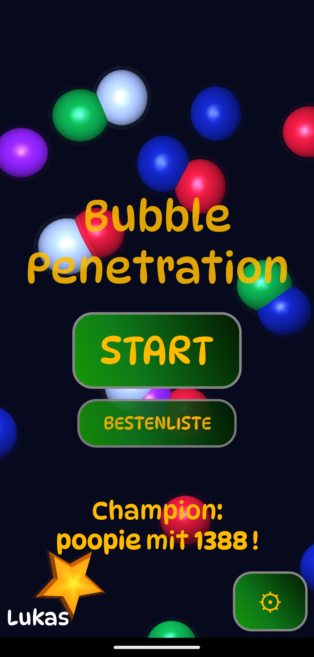 Bubble-Penetration-Spiel mit bunten Blasen und Sternen